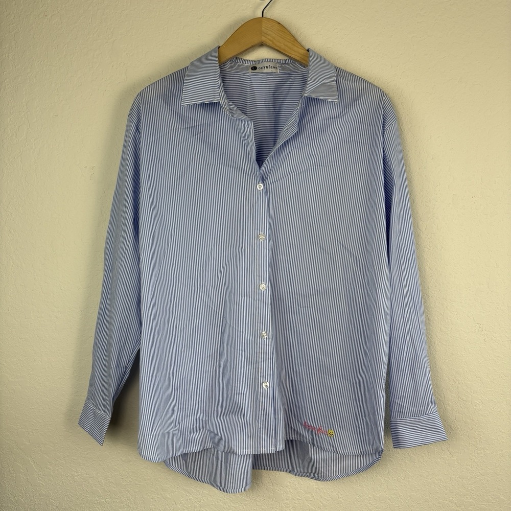 Caryn Lawn OS Pinstripe Button Up Shirt Blue White Collared Coastal Preppy